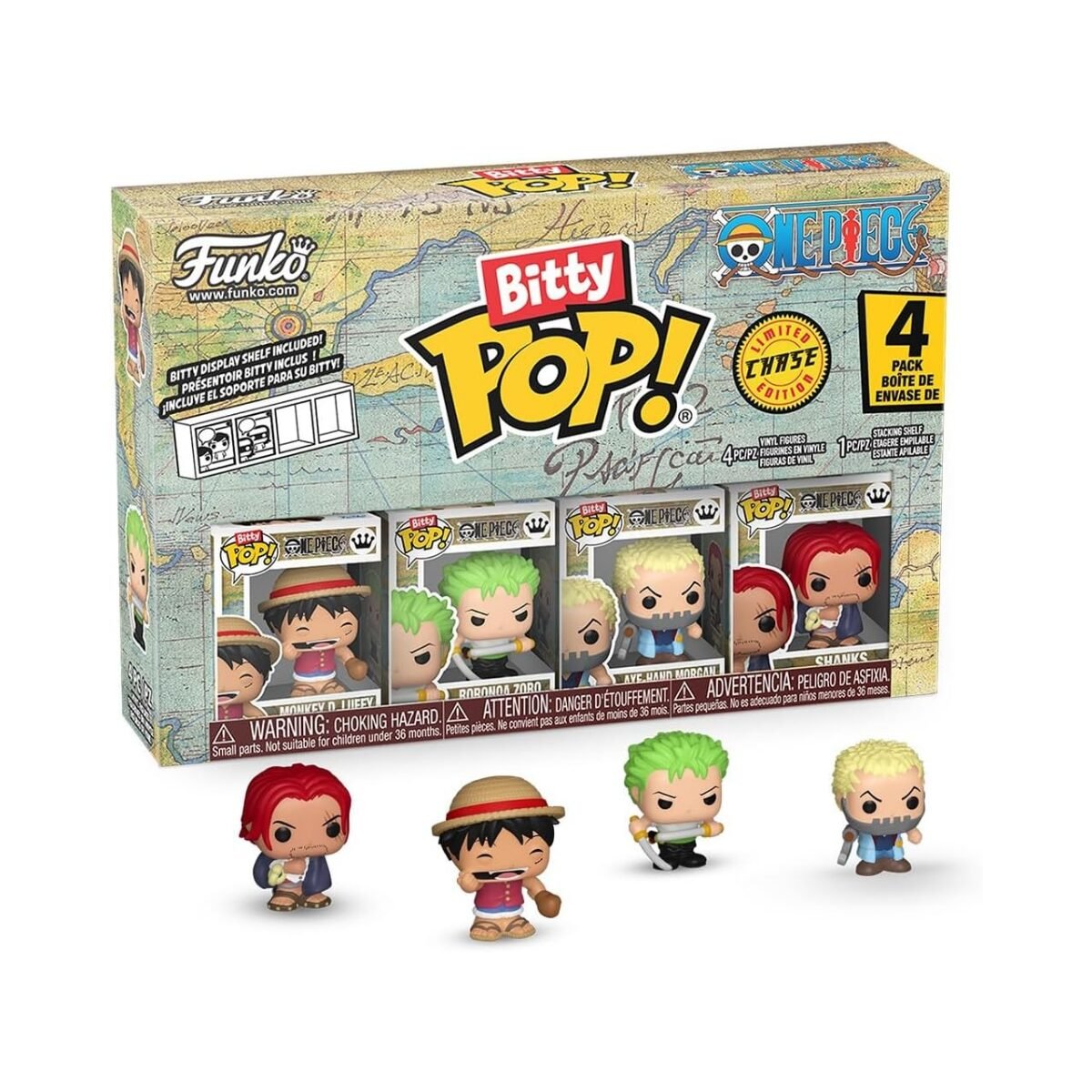 Funko Pop! Bitty Monkey D. Luffy, Roronoa Zoro, Axe Hand Morgan, and Shanks 4 Pack - One Piece (1) Funko Pop! Bitty Monkey D. Luffy, Roronoa Zoro, Axe Hand Morgan, and Shanks 4 Pack - One Piece